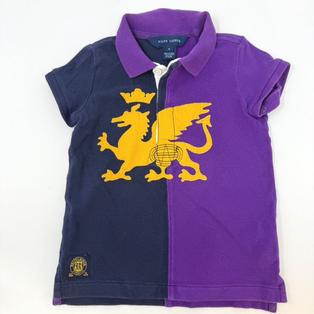 Ralph Lauren Girls Size 4 Navy Purple Split Dragon Polo Shirt Short Sleeve
